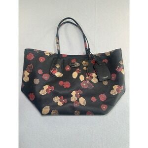 Coach City Tote Womens Large Black Red Gold Floral Print Crossgrain Leather Bag
